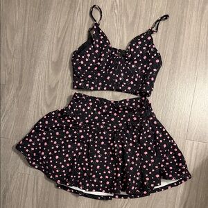 LoveShackFancy Black and Pink Floral Skirt Set